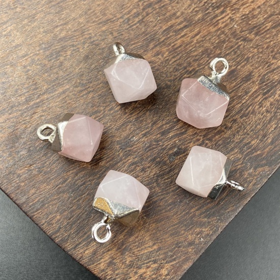 Picture of Rose Quartz ( Natural ) Charms Silver Tone Light Pink Octagon Faceted 12mm x 8mm, 1 Piece