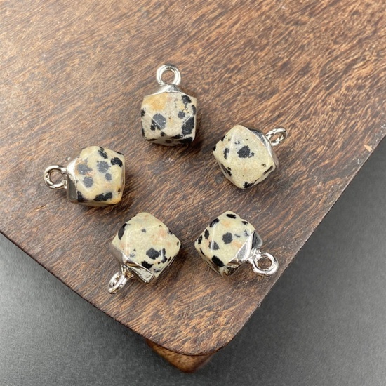 Picture of Speckled Stone Limestone ( Natural ) Charms Silver Tone Khaki Octagon Faceted 12mm x 8mm, 1 Piece