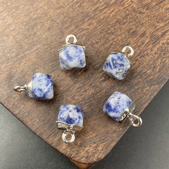 Picture of Stone ( Natural ) Charms Silver Tone Blue Octagon Faceted 12mm x 8mm, 1 Piece