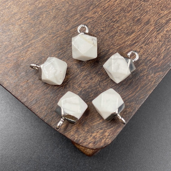 Picture of Howlite ( Synthetic ) Charms Silver Tone White Octagon Faceted 12mm x 8mm, 1 Piece