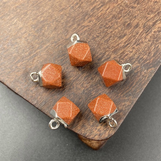 Picture of Gold Sand Stone ( Synthetic ) Charms Silver Tone Brown Octagon Faceted 12mm x 8mm, 1 Piece