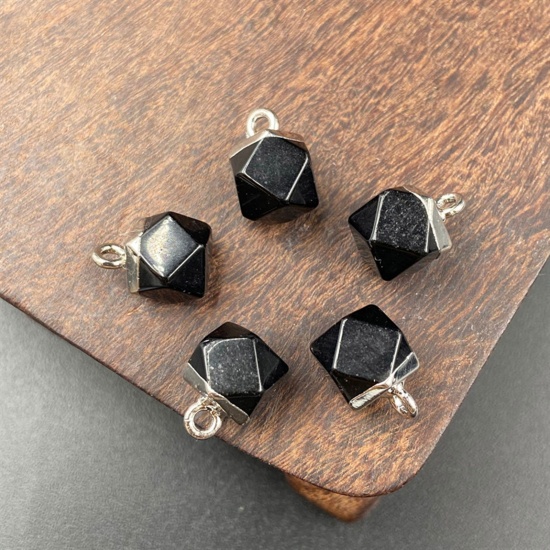 Picture of Obsidian ( Natural ) Charms Silver Tone Black Octagon Faceted 12mm x 8mm, 1 Piece