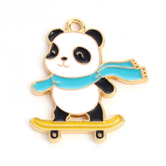 Immagine di Lega di Zinco Ciondoli Panda Oro Placcato Nero & Bianco Smalto 3cm x 2.7cm , 5 Pz