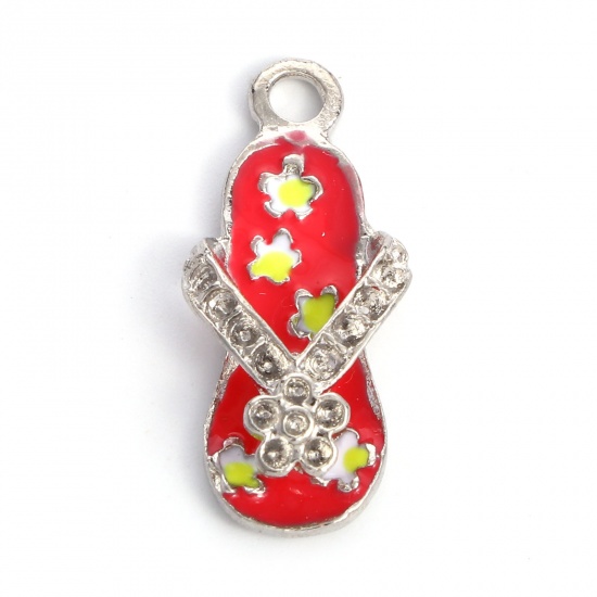 Zinc Based Alloy Clothes Charms Flip Flops Slipper Silver Tone Red Enamel (Can Hold ss4 Pointed Back Rhinestone) 24mm x 11mm, 10 PCs の画像