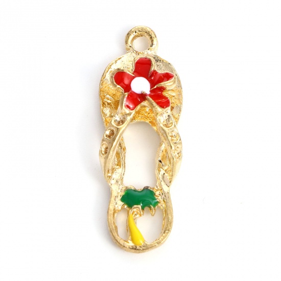 Zinc Based Alloy Clothes Charms Flip Flops Slipper Gold Plated Red Enamel (Can Hold ss4 Pointed Back Rhinestone) 27mm x 10mm, 10 PCs の画像