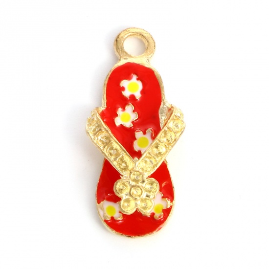 Zinc Based Alloy Clothes Charms Flip Flops Slipper Gold Plated Red Enamel (Can Hold ss4 Pointed Back Rhinestone) 24mm x 11mm, 10 PCs の画像