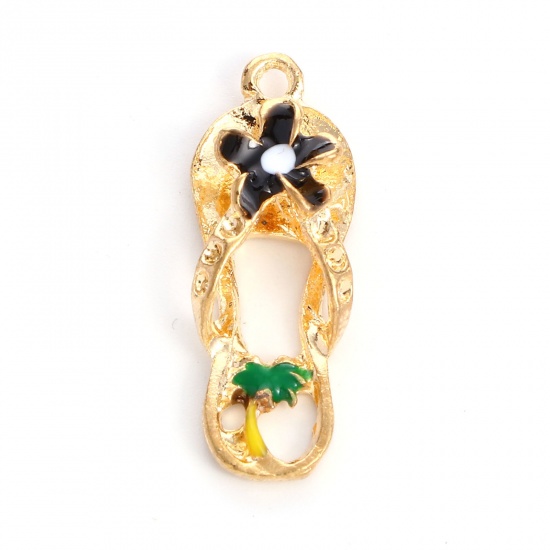 Zinc Based Alloy Clothes Charms Flip Flops Slipper Gold Plated Black Enamel (Can Hold ss4 Pointed Back Rhinestone) 27mm x 10mm, 10 PCs の画像