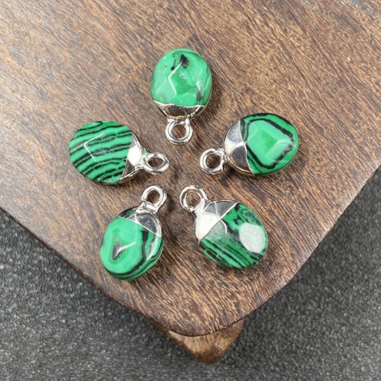 Picture of Malachite ( Synthetic ) Charms Silver Tone Peacock Green Oval Faceted 14mm x 8mm, 1 Piece