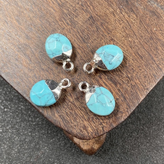 Bild von Türkis ( Synthetisch ) Charms Oval Silberfarbe Blau Facettiert 14mm x 8mm, 1 Stück