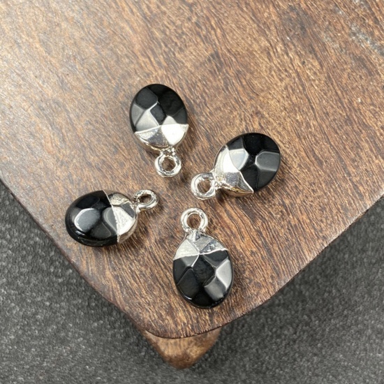 Bild von Obsidian ( Natur ) Charms Oval Silberfarbe Schwarz Facettiert 14mm x 8mm, 1 Stück