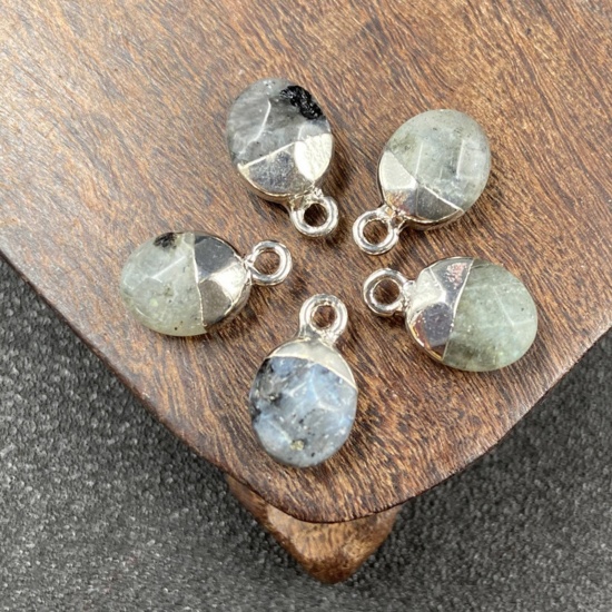 Picture of Labradorite ( Natural ) Charms Silver Tone Gray Oval Faceted 14mm x 8mm, 1 Piece