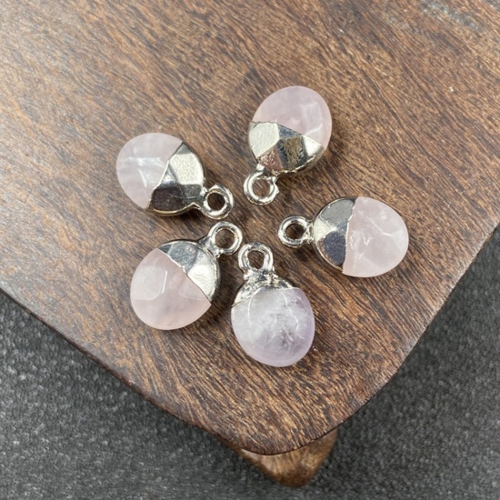 Picture of Rose Quartz ( Natural ) Charms Silver Tone Light Pink Oval Faceted 14mm x 8mm, 1 Piece