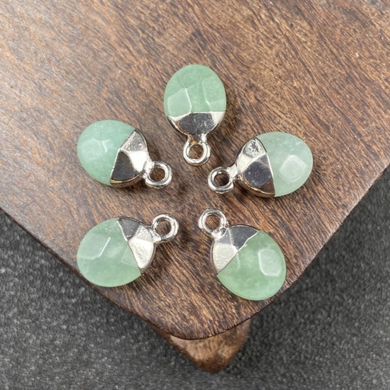 Picture of Green Aventurine ( Natural ) Charms Silver Tone Green Oval Faceted 14mm x 8mm, 1 Piece