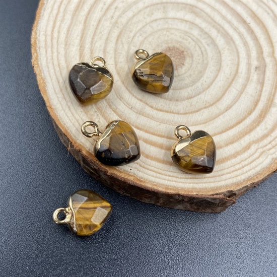 Bild von Tigerauge ( Natur ) Charms Herz Vergoldet Braun Gelb Facettiert 14mm x 10mm, 1 Stück