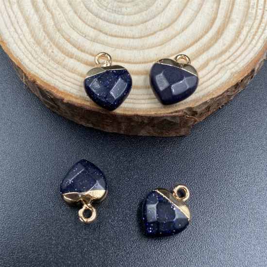 Picture of Blue Sand Stone ( Synthetic ) Charms Gold Plated Blue Black Heart Faceted 14mm x 10mm, 1 Piece
