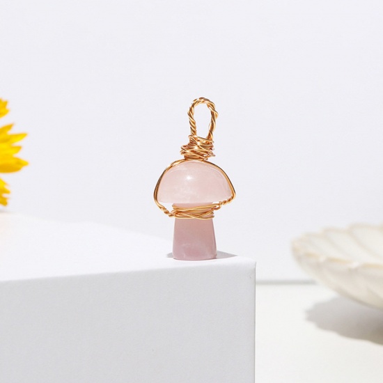 Picture of Rose Quartz ( Natural ) Charms Gold Plated Light Pink Mushroom 2cm, 1 Piece