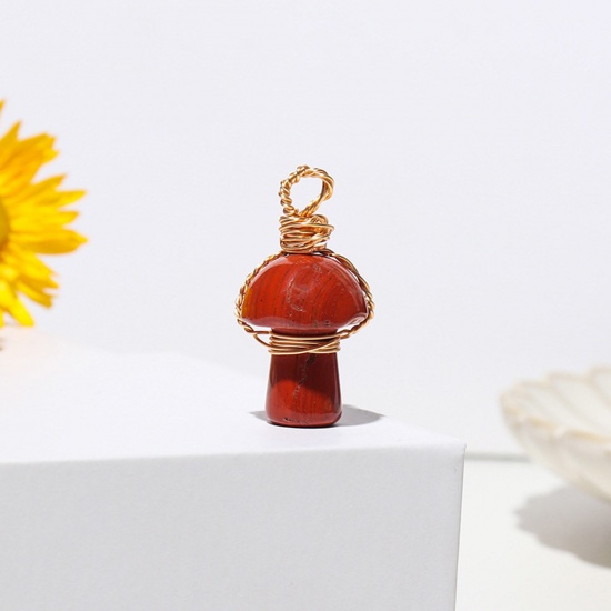 Picture of Red Jasper ( Natural ) Charms Gold Plated Red Mushroom 2cm, 1 Piece