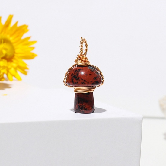 Picture of Stone ( Natural ) Charms Gold Plated Dark Red Mushroom 2cm, 1 Piece