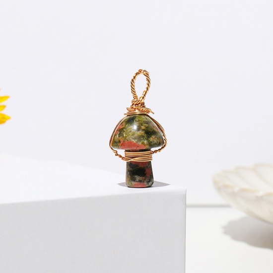 Picture of Unakite ( Natural ) Charms Gold Plated Olive Green Mushroom 2cm, 1 Piece
