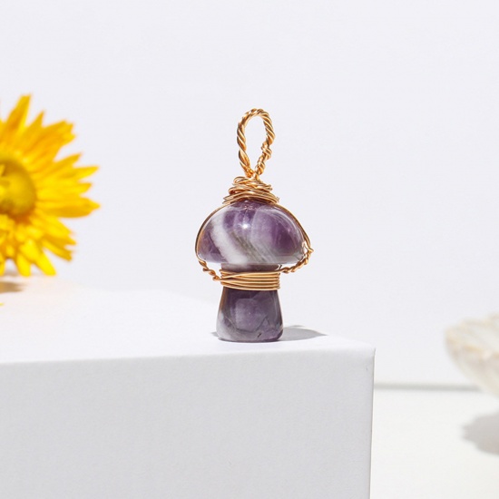 Picture of Amethyst ( Natural ) Charms Gold Plated Dark Purple Mushroom 2cm, 1 Piece