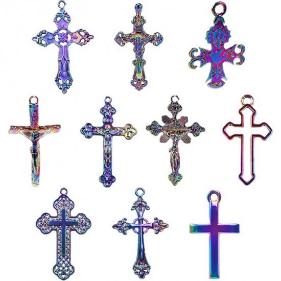 Image de Breloques Religieux en Alliage de Zinc Croix Plaqué de Couleur Arc-en-ciel 1 Kit ( 10 Pcs/Kit)