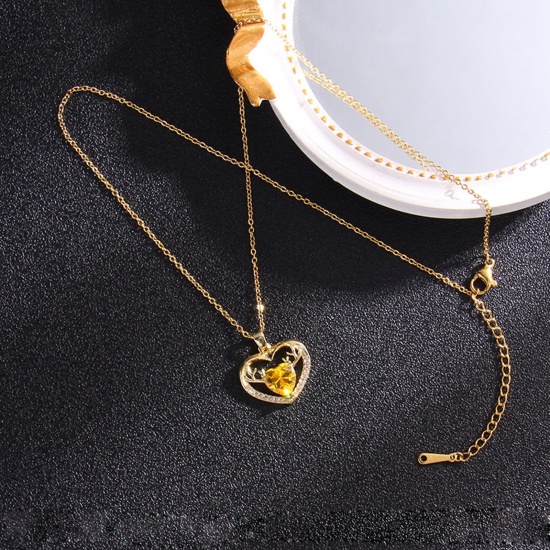 Bild von Edelstahl & Kupfer Valentinstag Halskette Vergoldet Herz Gelb Zirkon 40cm lang, 1 Strang