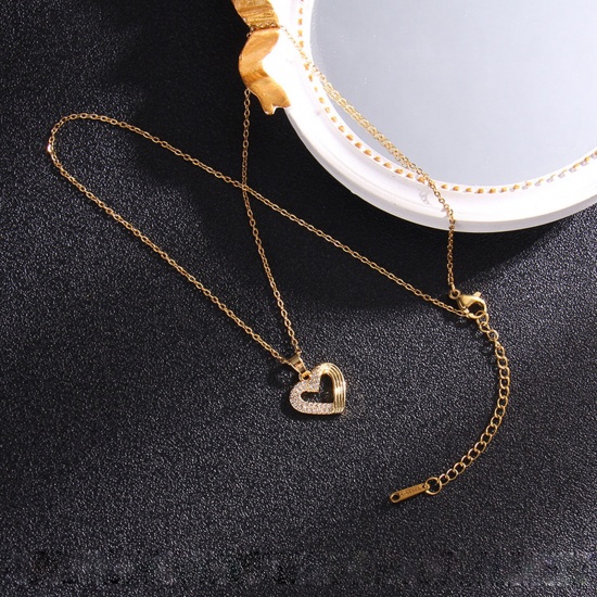 Bild von Edelstahl & Kupfer Valentinstag Halskette Vergoldet Herz Klar Zirkon 40cm lang, 1 Strang