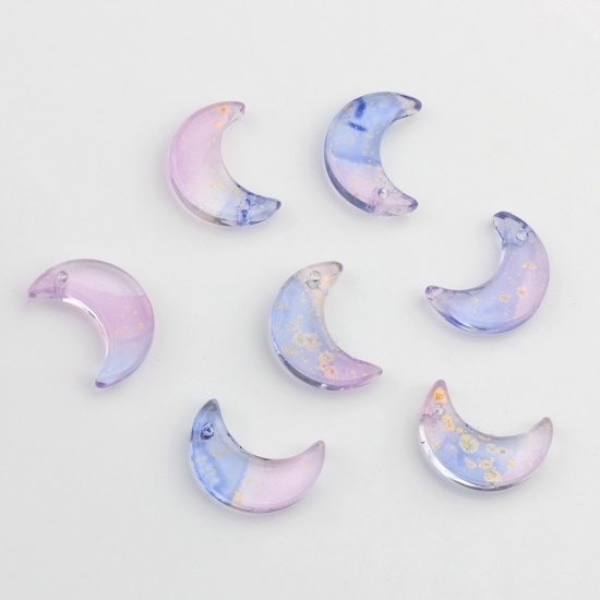 Picture of Glass Galaxy Charms Half Moon Blue Violet Gradient Color 16mm x 11mm, 30 PCs