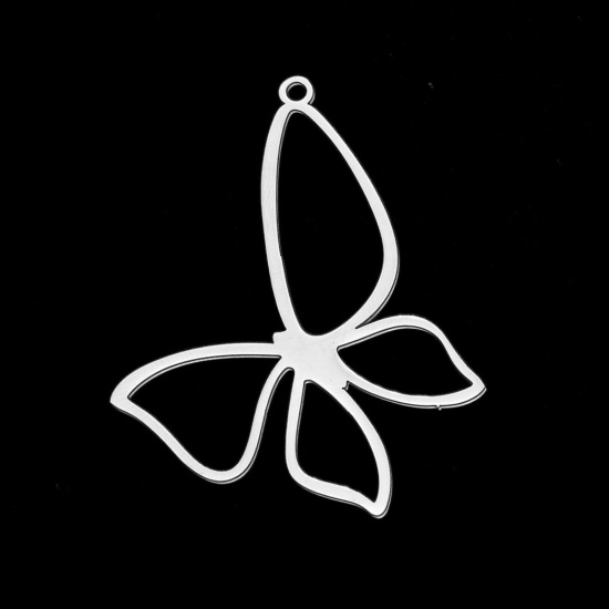 Picture of Stainless Steel Insect Pendants Silver Tone Butterfly Animal Hollow 40mm x 31mm, 5 PCs