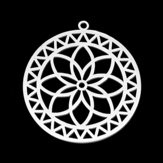 Image de Pendentifs en Acier Inoxydable Religieux Rond Argent Mat Fleur de Lotus Creux 35mm x 32mm , 5 Pcs