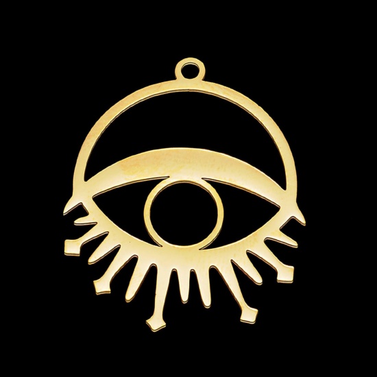 Picture of Stainless Steel Religious Charms Gold Plated Round Evil Eye Hollow 26mm x 22.5mm, 5 PCs