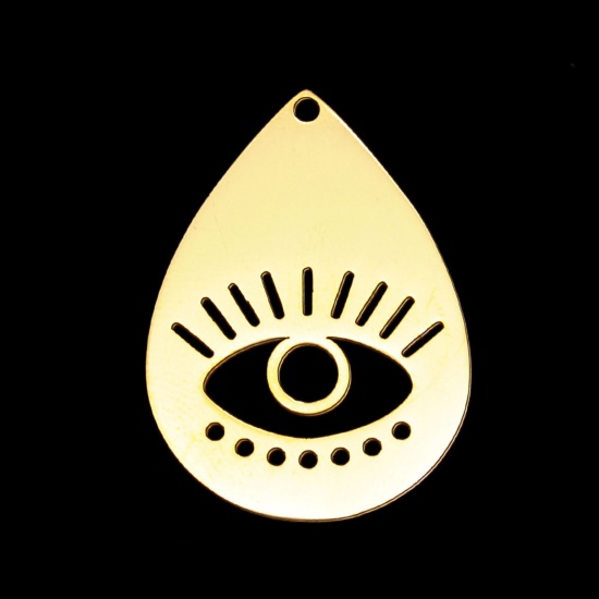 Picture of Stainless Steel Religious Charms Gold Plated Drop Evil Eye Hollow 29mm x 21mm, 5 PCs