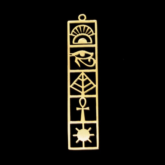 Picture of Stainless Steel Religious Pendants Gold Plated Rectangle The Eye Of Horus Hollow 52mm x 11mm, 5 PCs
