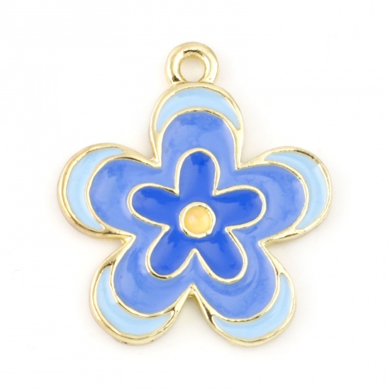 Immagine di Zinc Based Alloy Charms Gold Plated Blue Flower Enamel 23mm x 20mm, 10 PCs