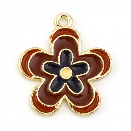 Picture of Zinc Based Alloy Charms Gold Plated Wine Red Flower Enamel 23mm x 20mm, 10 PCs