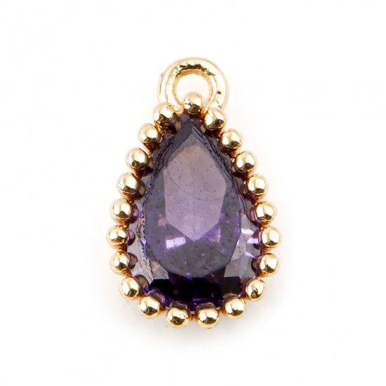 Immagine di Rame Pietre Nascita Charms Goccia Oro riempito Viola Cubic Zirconiae 8mm x 5mm, 2 Pz