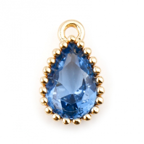 Immagine di Rame Pietre Nascita Charms Goccia Oro riempito Acqua Blu Cubic Zirconiae 8mm x 5mm, 2 Pz