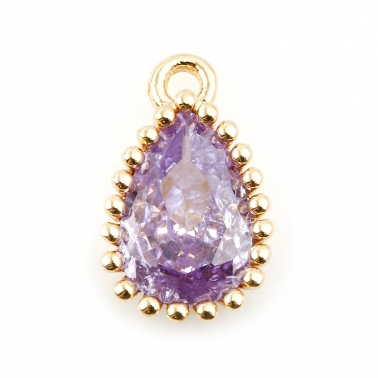 Immagine di Rame Pietre Nascita Charms Goccia Oro riempito Viola Pallido Cubic Zirconiae 8mm x 5mm, 2 Pz