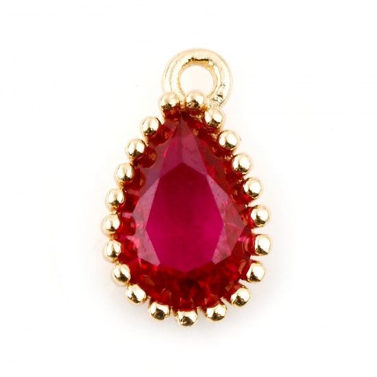 Immagine di Rame Pietre Nascita Charms Goccia Oro riempito Luglio Rosso Prugna Cubic Zirconiae 8mm x 5mm, 2 Pz