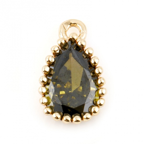 Immagine di Rame Pietre Nascita Charms Goccia Oro riempito Verde Oliva Cubic Zirconiae 8mm x 5mm, 2 Pz