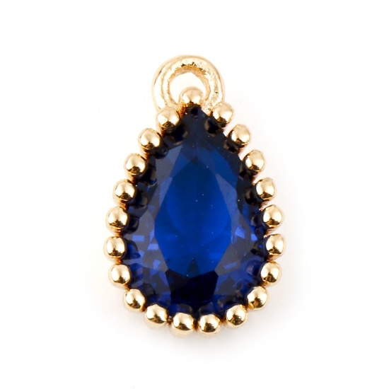 Immagine di Rame Pietre Nascita Charms Goccia Oro riempito Blu Marino Cubic Zirconiae 8mm x 5mm, 2 Pz