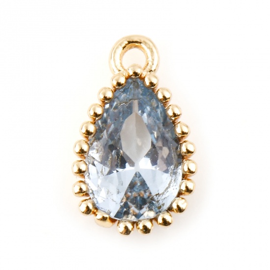 Immagine di Rame Pietre Nascita Charms Goccia Oro riempito Blu Pallido Cubic Zirconiae 8mm x 5mm, 2 Pz