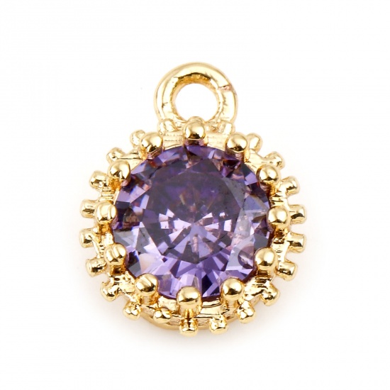Picture of February Copper Birthstone Charms Round Real Gold Plated Purple Cubic Zirconia 9mm x 7mm, 2 PCs