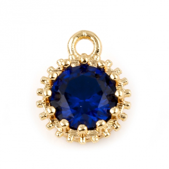 Picture of September Copper Birthstone Charms Round Real Gold Plated Royal Blue Cubic Zirconia 9mm x 7mm, 2 PCs