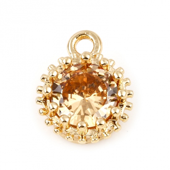 Picture of November Copper Birthstone Charms Round Real Gold Plated Yellow Cubic Zirconia 9mm x 7mm, 2 PCs