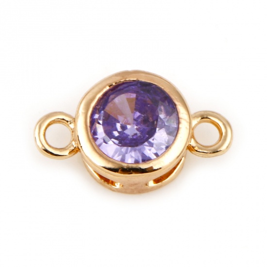 Picture of February Copper Birthstone Connectors Real Gold Plated Round Purple Cubic Zirconia 9mm x 5mm, 2 PCs