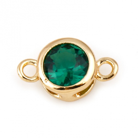 Picture of May Copper Birthstone Connectors Real Gold Plated Round Emerald Cubic Zirconia 9mm x 5mm, 2 PCs