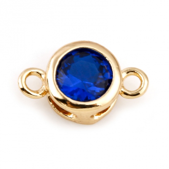 Picture of September Copper Birthstone Connectors Real Gold Plated Round Royal Blue Cubic Zirconia 9mm x 5mm, 2 PCs