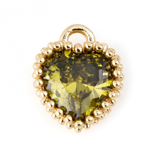 Immagine di Rame Pietre Nascita Charms Cuore Oro riempito Verde Oliva Cubic Zirconiae 8mm x 6mm, 2 Pz