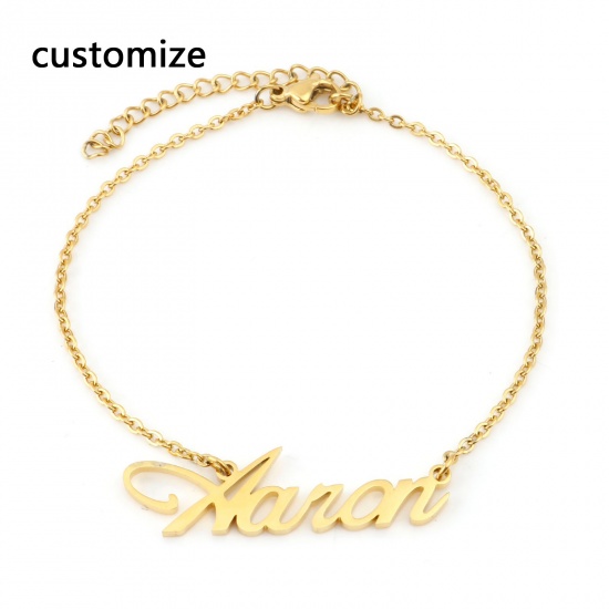 Imagen de Chapado en Oro - Pulsera de Nombre de Acero Inoxidable de Moda Personalizada Colgante de Letra Personalizada, 1 Pieza